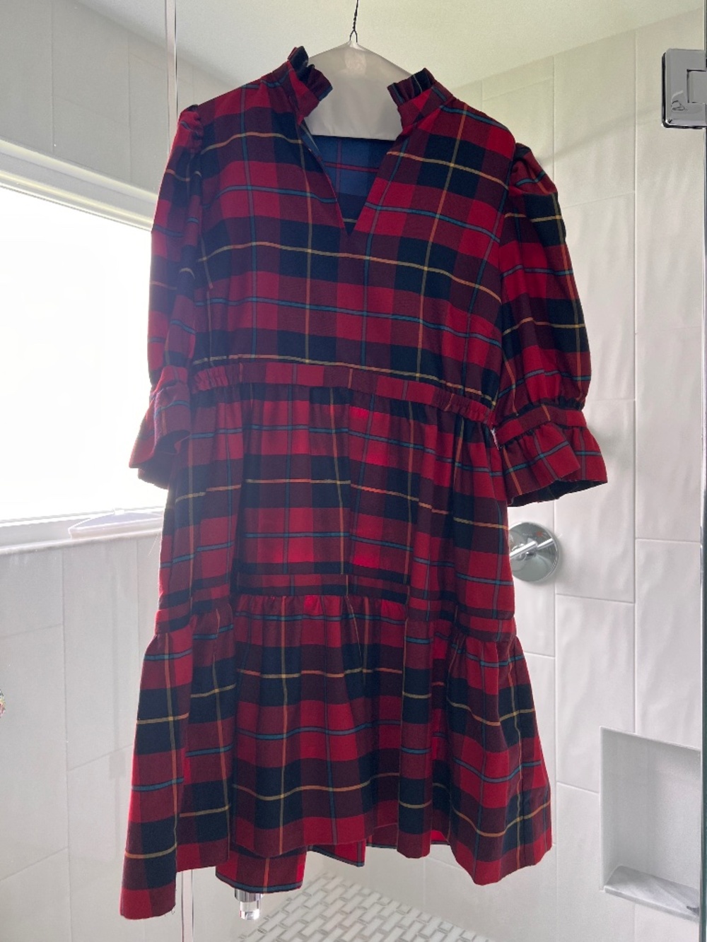 Gretchen Scott Size Medium Red Plaid Tiered Ruffle Dress